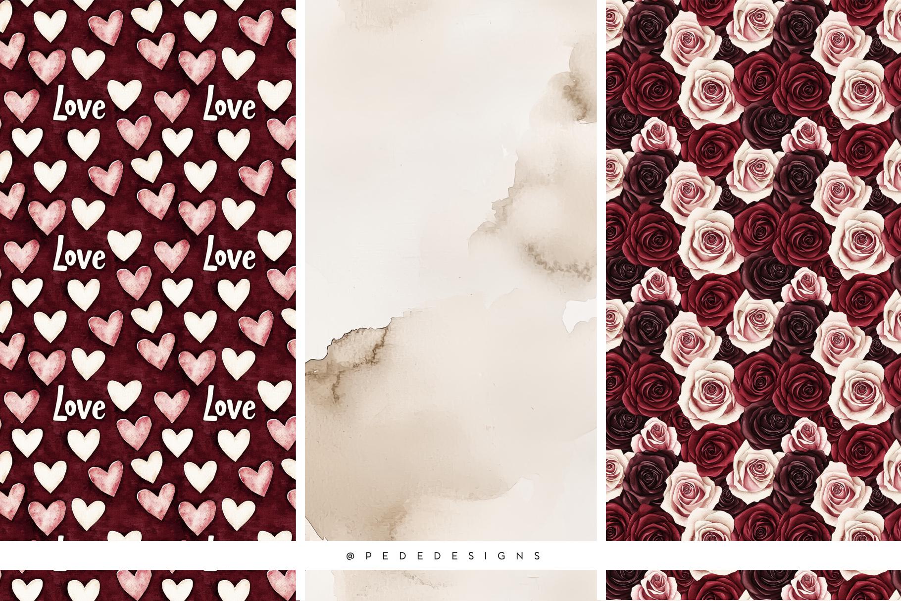 Watercolor Valentine Digital Papers | Burgundy & Rose Seamless Patterns ...
