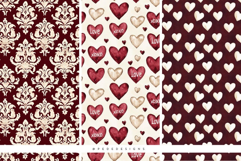 Watercolor Valentine Digital Papers | Burgundy & Rose Seamless Patterns ...