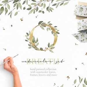 Conjunto de aquarela de respiração, folhas em aquarela, letras do alfabeto florais, arranjo em aquarela, kit de design de folhas, download