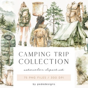 Colección de viajes de campamento, clipart de acuarela, carpa png, gráficos de viaje, bosque, en la naturaleza, mochila, sitio para acampar, ruta de senderismo, descargar