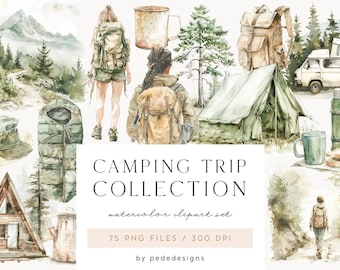 Camping Trip Collection, watercolor clipart, tent png, travel graphics, woods, into the wild, backpack, camping site, hiking trail, download