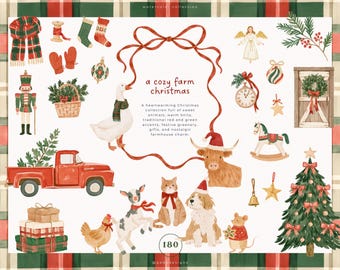 Cozy Farm Christmas Clipart Bundle with Watercolor Farm Animals, Christmas Plaid Patterns, Holiday Frames & Farmhouse PNG Elements