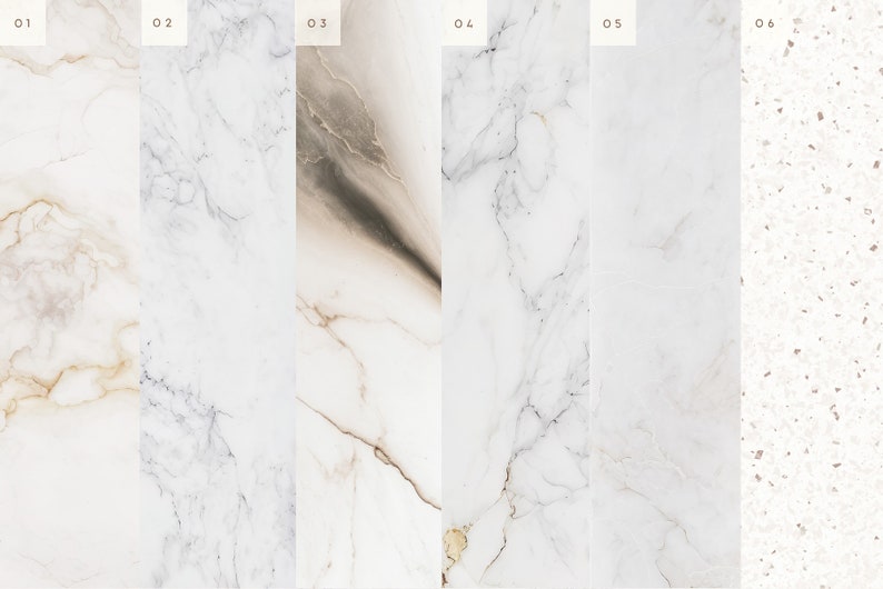 May include: Six different samples of white marble with varying veining patterns. The samples are labeled 01 through 06.