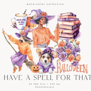 Tengo un hechizo para ese conjunto de imágenes prediseñadas, imágenes prediseñadas de Halloween en acuarela, hermosa bruja, Halloween, gráficos de truco o trato, espeluznante, descarga