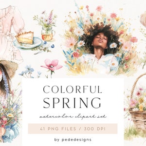 Coleção colorida de primavera, gráficos de primavera em aquarela, clipart de menina, clipart de moda, adesivos de primavera, flores silvestres, rosa, azul, download