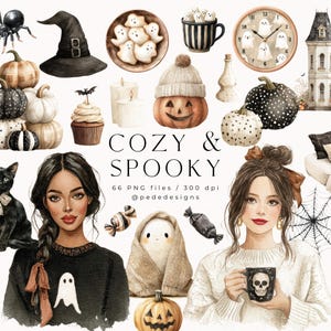 May include: Watercolour illustrations with a cosy and spooky theme. Includes pumpkins, a black cat, a witch's hat, a skeleton, a spider, a house, and two women. The text "COZY & SPOOKY" is displayed.