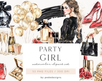 Party Girl Collection, watercolor party clipart, balloons, champagne, makeup, high hills, purse, lipstick, perfume bootle, glamour, download
