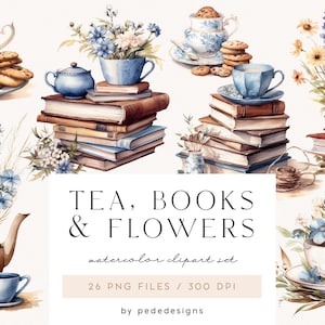 Chá, livros e flores, clipart de livros em aquarela, clipart floral, clipart de leitura, amante de livros, xícara de chá, bule com flores, baixar