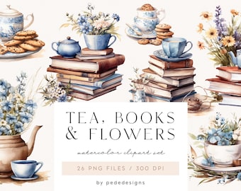 Tea, Books & Flowers, watercolor books clipart, floral clipart, reading clipart, book lover, teacup, teapot with flowers, download