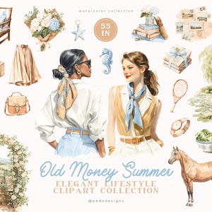 Gammaldags sommarclipart med eleganta livsstils-PNG-element | Kustnära vintage-estetik, lyxig sommargrafik (digital nedladdning)