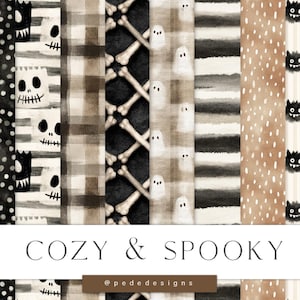 May include: A collection of seamless digital papers with a Halloween theme. The designs include patterns of skulls, crossbones, ghosts, bats, and spiderwebs in black, white, and brown tones. The text "COZY & SPOOKY" is displayed.