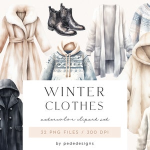 Clipart de moda, imágenes prediseñadas de invierno de acuarela, gráficos de ropa de invierno, abrigo de acuarela, imágenes prediseñadas de suéter, abrigo de invierno, zapatos de invierno, descargar
