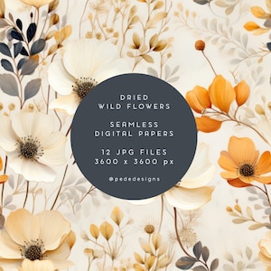Dried wild flowers digital paper pack, watercolor floral pattern, seamless digital paper, meadow, bohemian, scrapbook, invitation, download