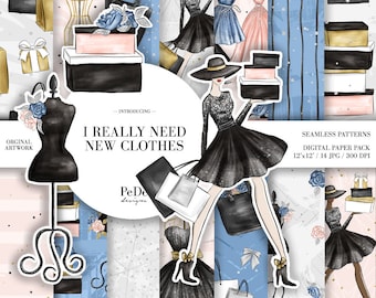 I Really Need New Clothes digital papers, seamless pattern, shopping girl, lady boss graphics, planner supplies, download