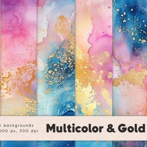 Multicolor & gold backgrounds, watercolor hand painted texture, digital paper pack, pink, purple, blue, colorful, planner papers, download