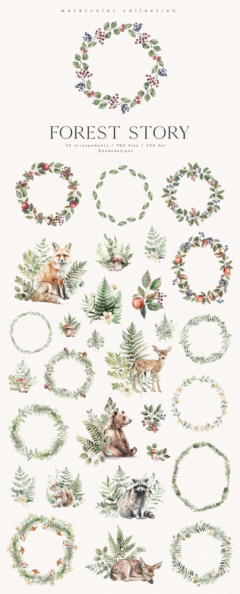 K&ouml;nnte beinhalten: Aquarell-Illustrationen einer Waldszene mit Tieren, Pflanzen und Kr&auml;nzen. Zu den Tieren geh&ouml;ren ein Fuchs, ein Reh, ein B&auml;r, ein Waschb&auml;r und ein Eichh&ouml;rnchen. Zu den Pflanzen geh&ouml;ren Farne, Bl&auml;tter, Beeren und Pilze. Die Kr&auml;nze sind aus Bl&auml;ttern und Beeren gefertigt.