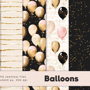 Luftballons digitale Papiere, nahtloses Feier Muster, goldene und schwarze Luftballons, rosa Luftballons, alles Gute zum Geburtstag, Partydesign, Silvester