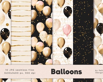 Balloons digital papers, seamless celebration pattern, gold and black balloons, pink balloons, happy birthday, party design, new year's eve