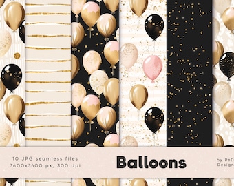 Digitale ballonnen ballonnen, naadloos feestpatroon, gouden en zwarte ballonnen, roze ballonnen, gelukkige verjaardag, feestontwerp, oudejaarsavond