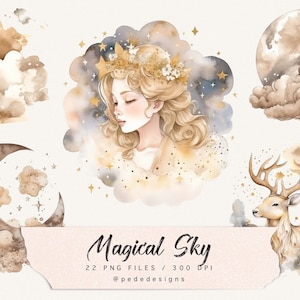 Ilustrações de céu mágico, clipart de lua, céu noturno, lua e estrelas, png de fantasia, aquarela celestial, navio velho, clipart de veado png, download
