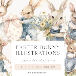 Clipart di coniglietto pasquale, animali pasquali acquerellati, grafica primaverile, uovo di Pasqua, decorazioni per la cameretta dei bambini, coniglietto, adesivi digitali, download