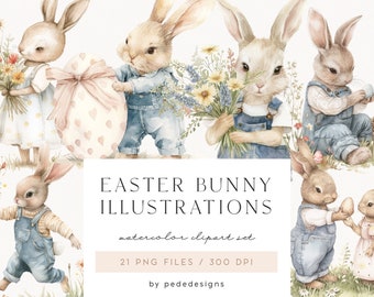Puede incluir: Ilustraciones de acuarela de conejos de Pascua en varias poses, incluyendo sosteniendo flores, huevos y cestas. Los conejos llevan monos y tienen expresiones lindas. Las ilustraciones son perfectas para crear tarjetas de Pascua, invitaciones y otras manualidades.