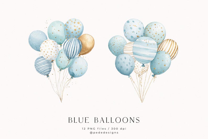 Blue Balloons Watercolor Clipart Set: Boy Birthday, Baby Shower (PNG ...