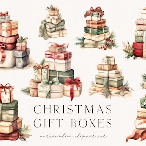 May include: A watercolor clipart set of Christmas gift boxes. The boxes are stacked in various arrangements and decorated with ribbons, bows, and greenery. The boxes are in shades of red, green, brown, and white.