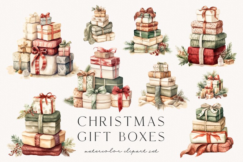 May include: A watercolor clipart set of Christmas gift boxes. The boxes are stacked in various arrangements and decorated with ribbons, bows, and greenery. The boxes are in shades of red, green, brown, and white.