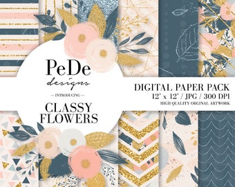Classy floral digital papers, gold glitter, geometric pattern, hand painted, brush patterns, navy blue and blush, download