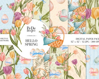 BUY 3 PAY FOR 2, Hello Spring, spring digital paper pack, planner supplies, easter patterns, tulip flower, spring background, download
