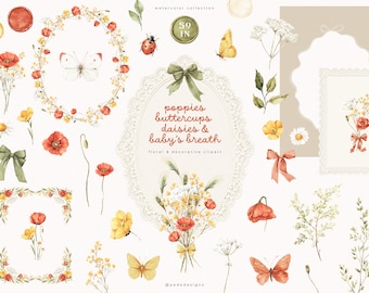 Poppy Daisy Baby's Breath Buttercups PNG Clipart | Floral Clipart Watercolor Flowers | Cottagecore Botanical Elements (Digital Download)