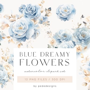 Blue Dreamy Flowers, watercolor flowers, it's a boy, blue roses, planner stickers, baby shower, premade floral bouquets, download