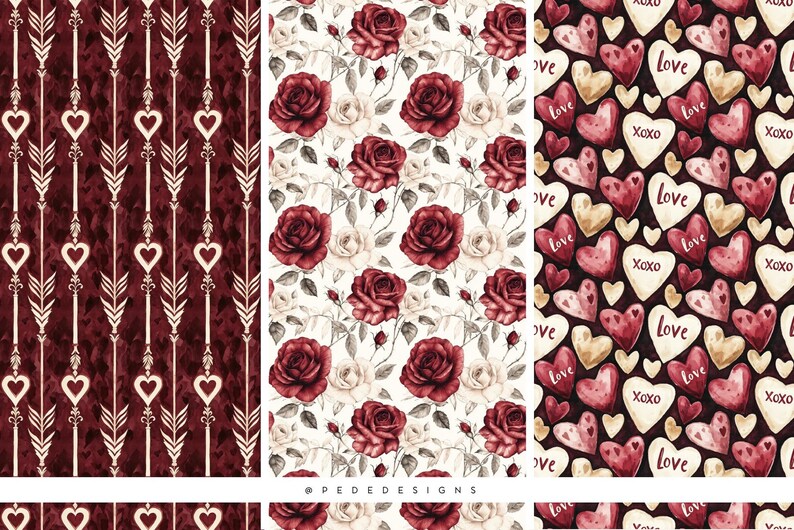 Watercolor Valentine Digital Papers | Burgundy & Rose Seamless Patterns ...