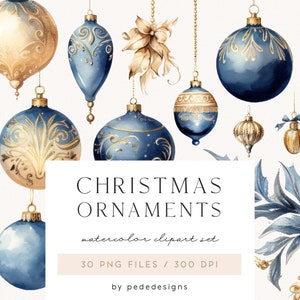 Christmas Ornaments Clipart, watercolor baubles, blue & gold, vintage decorations, christmas tree ornaments, navy decorations, download