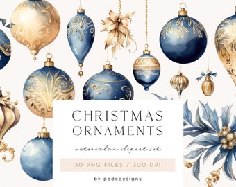 Christmas Ornaments Clipart, watercolor baubles, blue & gold, vintage decorations, christmas tree ornaments, navy decorations, download