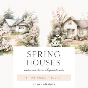 Op de afbeelding: Watercolor clipart set met twee charmante lentehuizen, omringd door weelderig groen en bloeiende bloemen. De afbeelding bevat de tekst "SPRING HOUSES" en details over de set: "18 PNG FILES / 300 DPI".