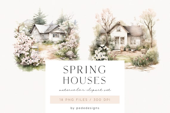 Spring Houses, watercolor spring clipart, summer png graphics, watercolor spring scenery, cottage countryside, rustic clipart, download