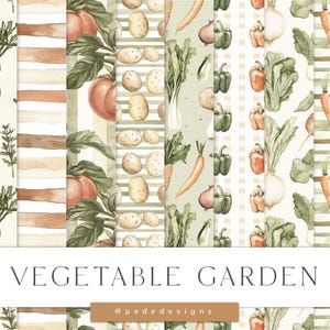 Op de afbeelding: Een set van 12 digitale naadloze patronen met aquarel illustraties van groenten en kruiden. De patronen omvatten strepen, ruitjes en andere texturen. De patronen zijn 3600 x 3600 pixels en 300 dpi.