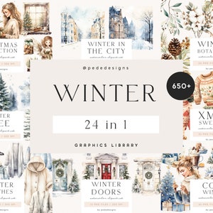Paquete Mega de Invierno, biblioteca de imágenes prediseñadas, ilustración de acuarela, estacional, niña de acuarela, imágenes prediseñadas de Navidad, paisaje, época navideña, descarga