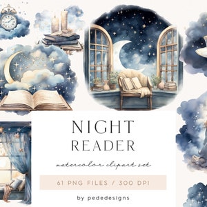 Night Reader, clipart de livros em aquarela, lua e estrelas, clipart de leitura noturna, vista da janela, clipart de poltrona, nuvens png, baixar