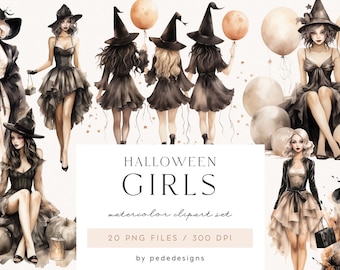 Halloween Girls Clipart, watercolor halloween clipart, spooky clipart, halloween witch, trick or treat, witch girl png, fashion, download