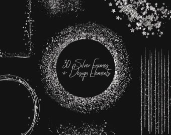 Silver frames clip art, glitter geometric, sparkly design elements, splatters, wedding, invitation, download