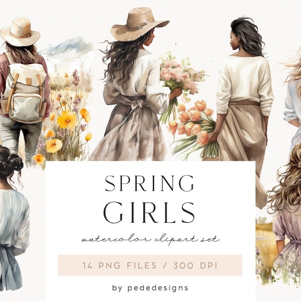 Spring Girls Clipart, watercolor girl graphics, watercolor romantic spring, summer png, spring field, traveler girl, wild flowers, download