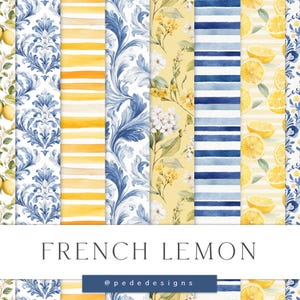 French Lemon Digital Papers, summer digital papers, navy blue repeating pattern, Mediterranean Lemon, seamless summer pattern, download