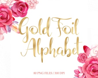 Gold foil alphabet clipart, gold foil digital alphabet, foiled letters clipart, hand drawn lettering, numbers, download