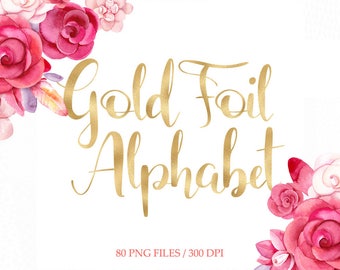 Gold foil alphabet clipart, gold foil digital alphabet, foiled letters clipart, hand drawn lettering, numbers, download