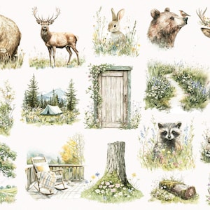 May include: A set of 14 watercolor illustrations featuring woodland animals, plants, and nature scenes. The illustrations include a brown bear, a deer, a rabbit, a raccoon, a tree stump, a wooden door, a tent, a log, and a variety of flowers and foliage.