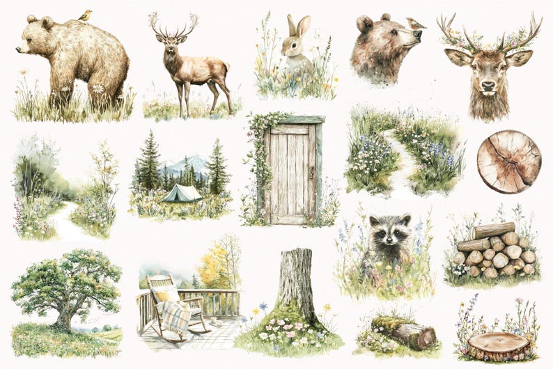 May include: A set of 14 watercolor illustrations featuring woodland animals, plants, and nature scenes. The illustrations include a brown bear, a deer, a rabbit, a raccoon, a tree stump, a wooden door, a tent, a log, and a variety of flowers and foliage.