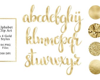 Gold alphabet clip art, 4 elegant styles, gold foil, gold glitter, lower case, golden foil cliparts, luxury, download